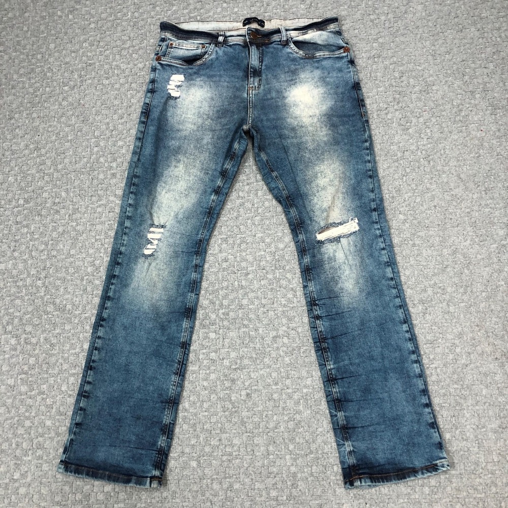 Villemont Jeans Mens 36x31 Blue Medium Wash Straight Distressed Denim Stretch